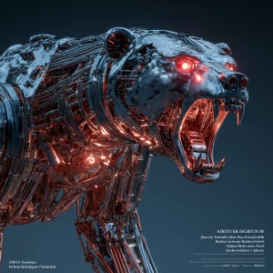 "A grizzly bear made entirely of T-800 robotic components, chrom...