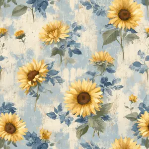 flat printable-style pattern artwork, sunflower and blue sky far...
