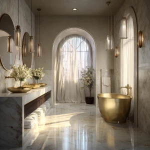 Design a luxurious Italian white marble bathroom featuring a dou...
