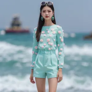 Create a girl standing right in front of the cameras and she is...