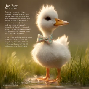 Prompt:
“A tiny baby white call duck named Jazz, wearing a cute...