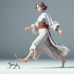 The woman walks barefoot, moving with the grace of a cat.