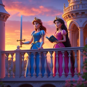 A royal palace at sunset, two beautiful princesses standing on t...