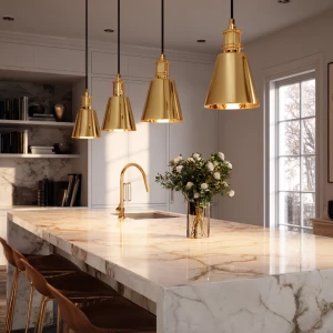 Create a sophisticated scene with elegant brass pendant lights s...