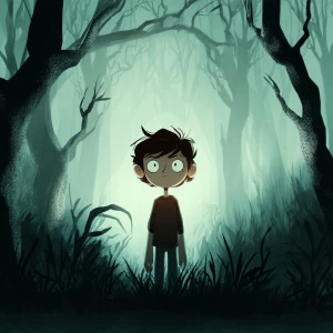 Generate a dark cartoon-style image of a boy in a forest setting...