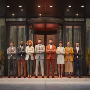 Capture a scene where 10 diverse employees are standing confiden...