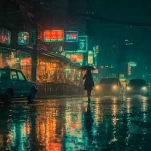اجعل شخص يجري وراء فتات صغيرة Rainy street reflections, neon sig...