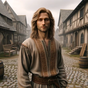 Create a realistic full-length photo in a medieval village style...