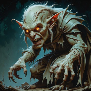 A mesmerizingly grotesque goblin-like creature, its twisted form...