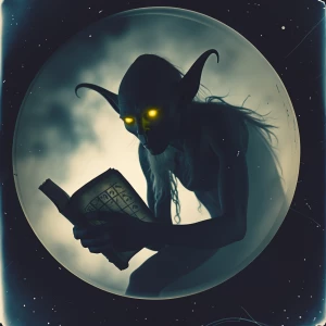 In the depths of a cosmic abyss, a shadowy goblin lurks in a pin...