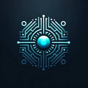 A minimal abstract AI logo for "RIVA" using a glowing core orb o...