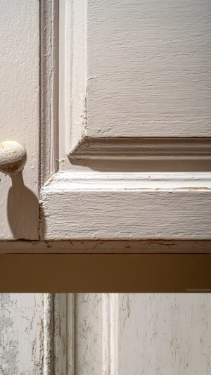 one kitchen cabinet door with slightly worn paint near the handl...