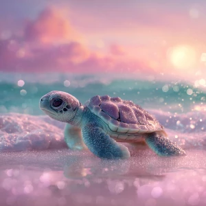A baby sea turtle named Tika, crawling gently across soft, wet s...