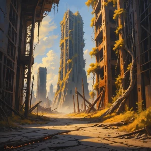 In a mesmerizing oil painting, a sun-scorched wasteland stretche...