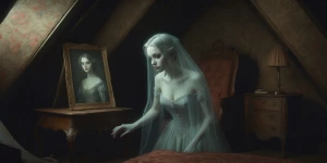 In a shadowy attic, a hauntingly elegant specter of a woman gaze...