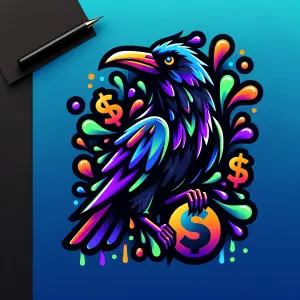Trippy acid trip crow character, cartoonish style, bright colors...