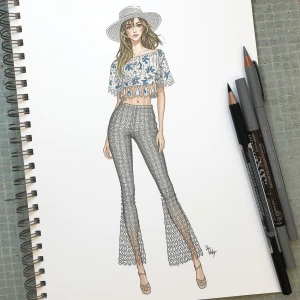 sketch hand  drawing with pencil and markers of a model fashion-...