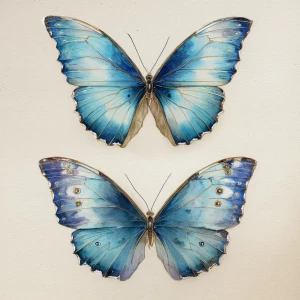 Prompt: Morpho menelaus top-view and 3/4-view; delicate bodies;...