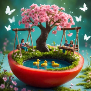 This picture prompt shows a whimsical miniature fantasy scene cr...