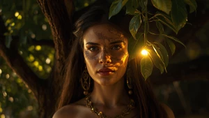 “Eve standing before the Tree of Knowledge, soft golden light on...