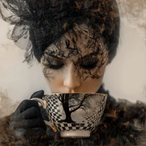 Colorsplash double exposure steamy cup of coffee, goth elements,...