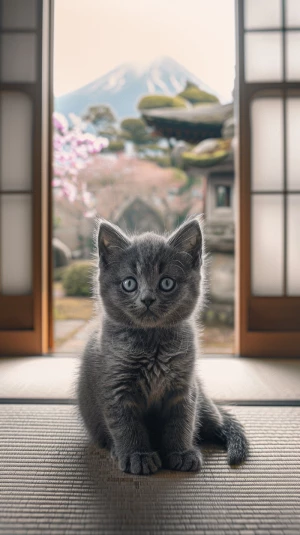 adorable gray british shorthair kitten with large bright blue ey...