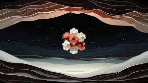 A single atomic nucleus floats at the center of a dark, empty ba...