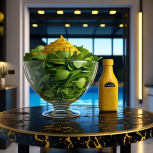 3D image of a glass bowl full of green salad that has mustard as...
