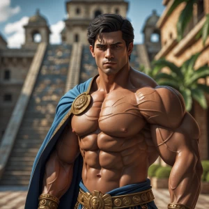 Generate a detailed image of a muscular prince in a regal settin...