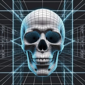 A wireframe skull surrounded by data grids and scanning beams.