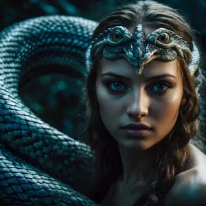 Generate an image of a mysterious Lamia, a half-woman, half-serp...