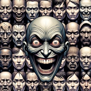 Create a caricature featuring multiple faces with exaggerated, g...