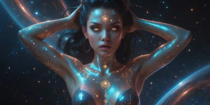 A sultry hyper-realistic wormhole navigator emerges from the cel...