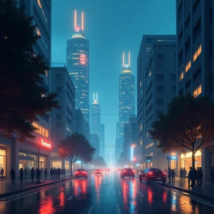 Create a futuristic cityscape at night with glowing skyscrapers...