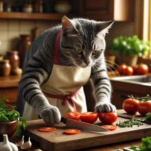 The same silver-gray tabby cat with green eyes and cream apron s...