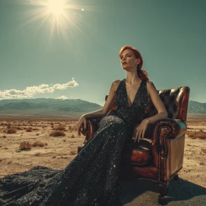 A red-haired supermodel is elegantly dressed in a high-end luxur...