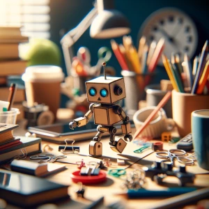 A tiny robot made from paper or cardboard wakes up, walks around...