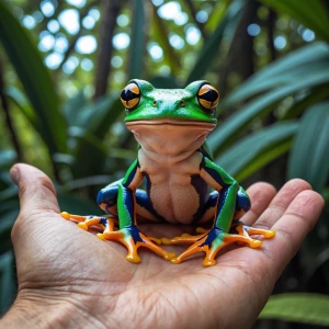 Photo realistic, best quality,  a colorful tree frog sitting in...