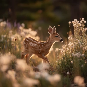 Baby fawn gently walking through tall wildflowers in Rocky Mount...