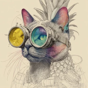 A portrait. The cat faces the viewer. A steam punk sketch of a c...
