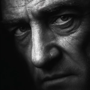 Ultra realistic big close-up portrait of Robert De Niro, black a...