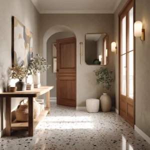 Create an elegant Scandinavian entryway scene featuring a terraz...