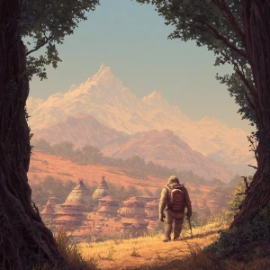 A sasquatch stares at a Indian village at a distance