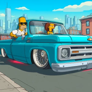 Digital art, cartoon style. A bright cyan, custom lowrider truck...
