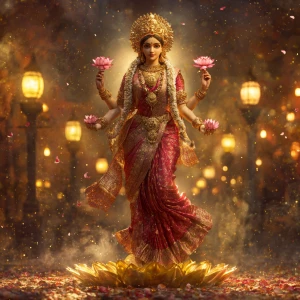 A hyper realistic 3D full-body artwork of Goddess Lakshmi walkin...
