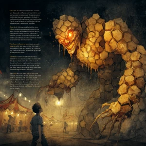 "A menacing clown figure, intricately constructed from golden ho...