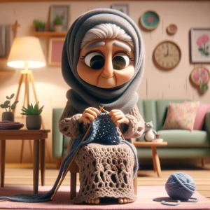 سيدة كبير في سن تجلس في غرفة المعيشة تحيك وشاح من الصوف