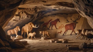 Cinematic image of a Prehistoric cave in india painted with anim...