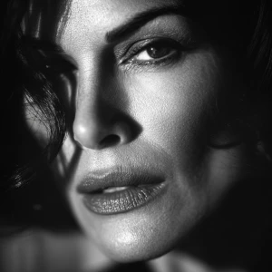 Ultra realistic big close-up portrait of Teri Hatcher, black and...