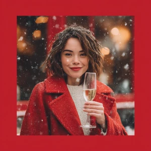 A woman standing on a vibrant red square, holding a sparkling gl...